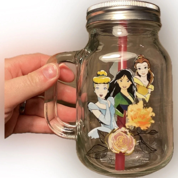 Disney Princesses glass mason jar with lid & straw​ - Picture 1 of 3